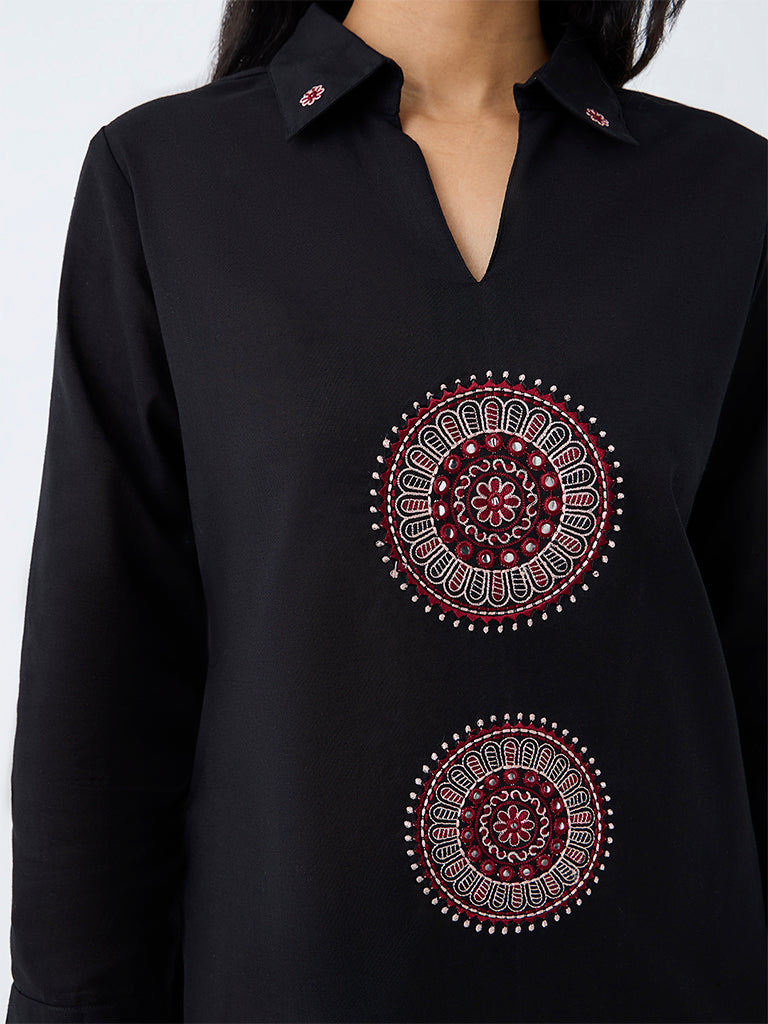 Utsa Black Embroidered Cotton-Blend Tunic
