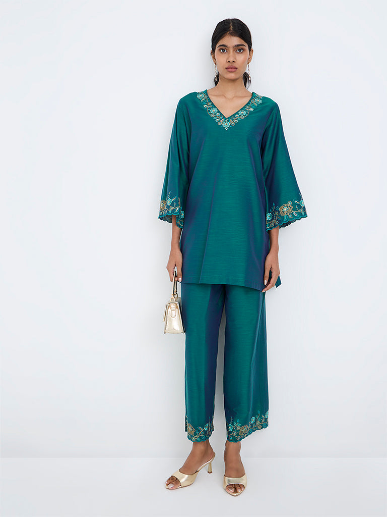 Utsa Dark Teal Floral Embroidered Tunic