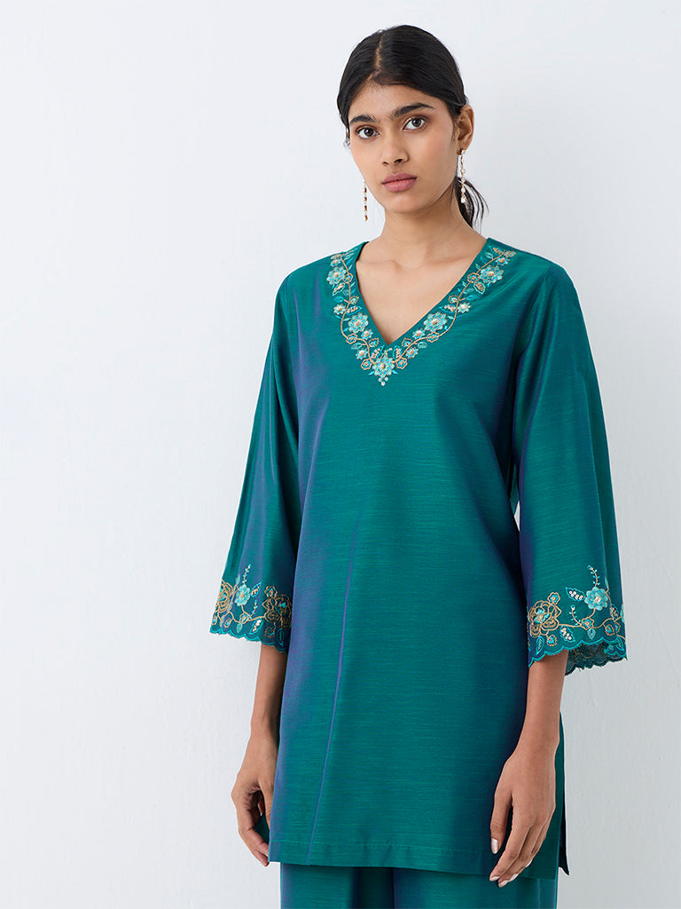 Utsa Dark Teal Floral Embroidered Tunic