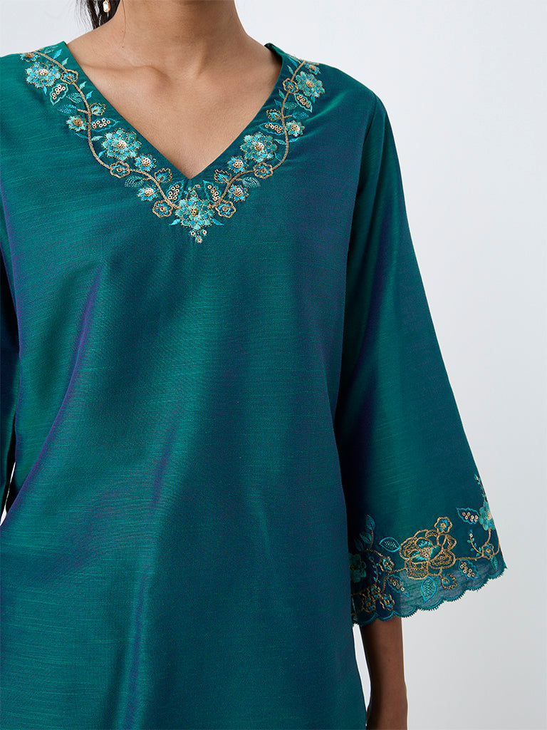Utsa Dark Teal Floral Embroidered Tunic