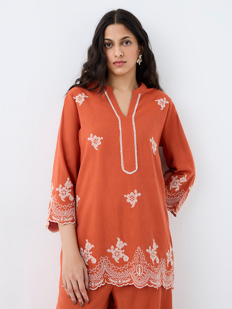 Utsa Orange Floral Embroidered Tunic