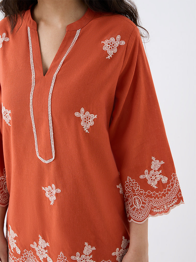 Utsa Orange Floral Embroidered Tunic