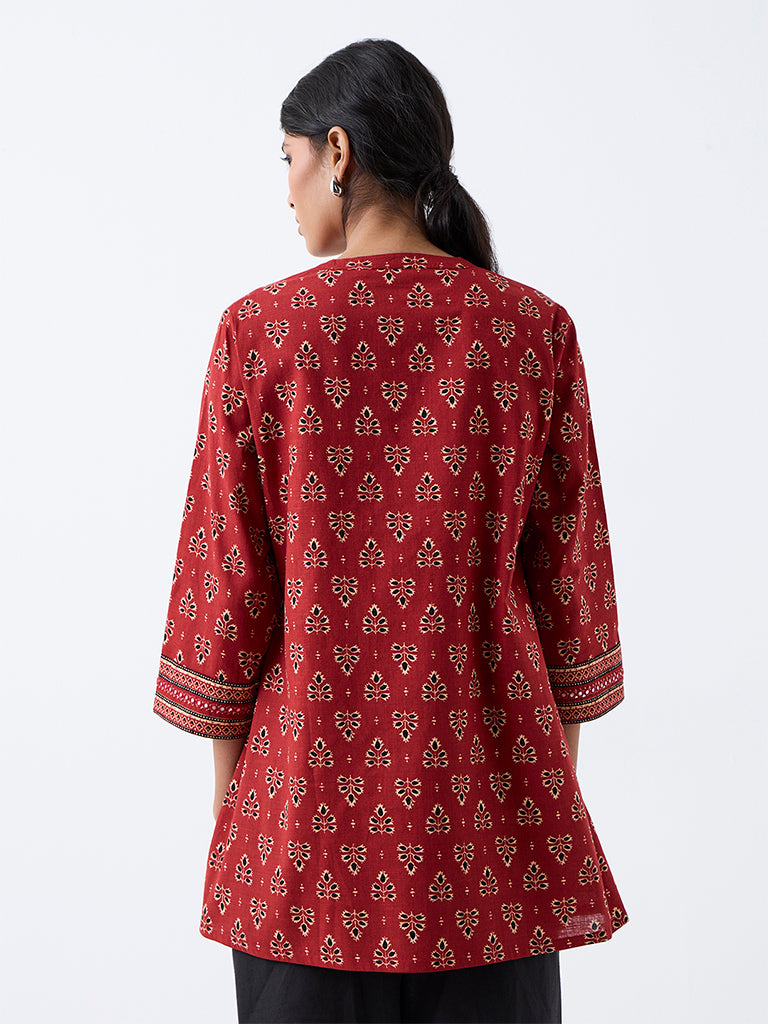 Utsa Red Foliage Printed Cotton Tunic