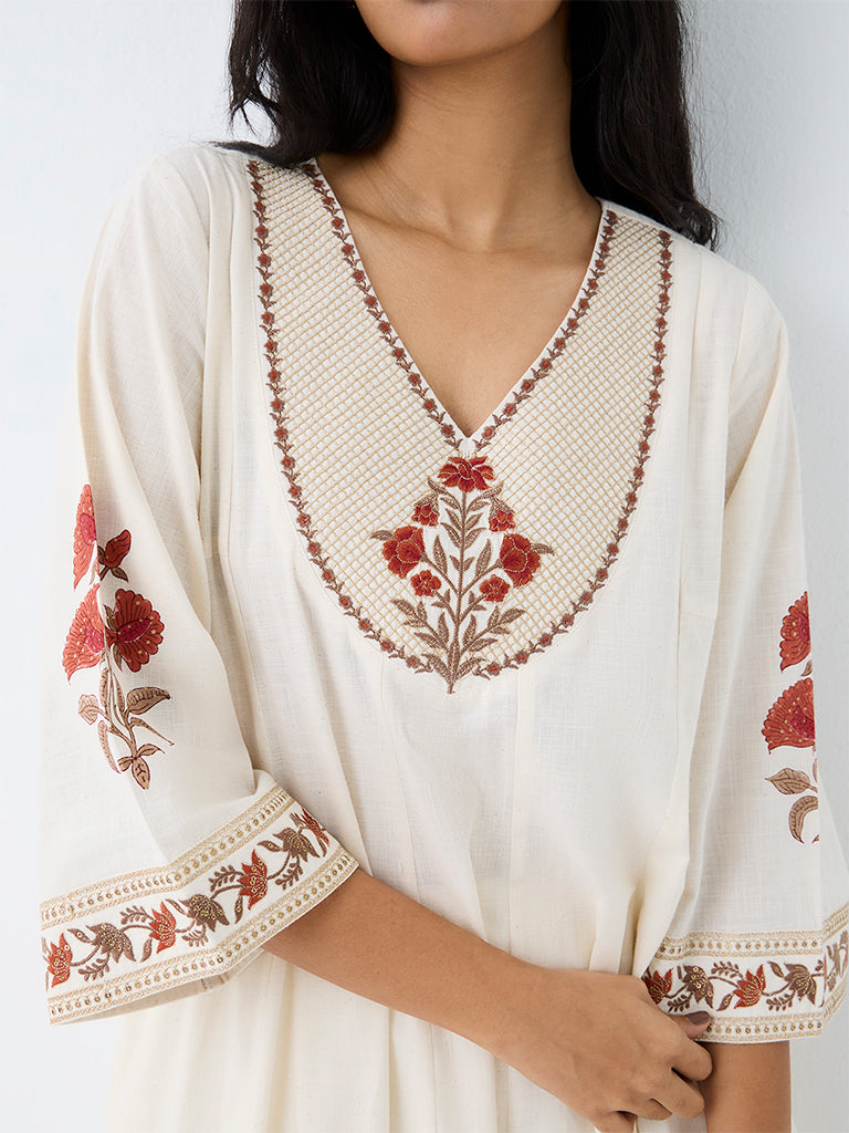 Utsa Off-White Botanical Pattern Cotton A-Line Kurta