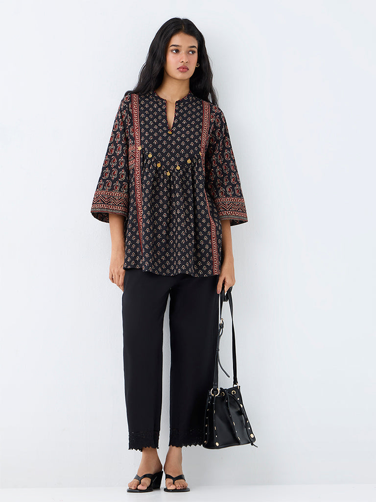Utsa Black Floral Printed Embellished Tunic