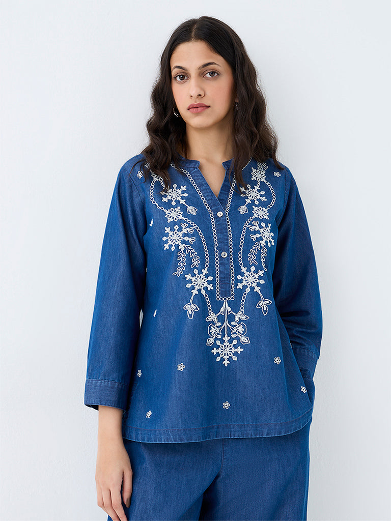 Utsa Blue Floral Embroidered Denim Top