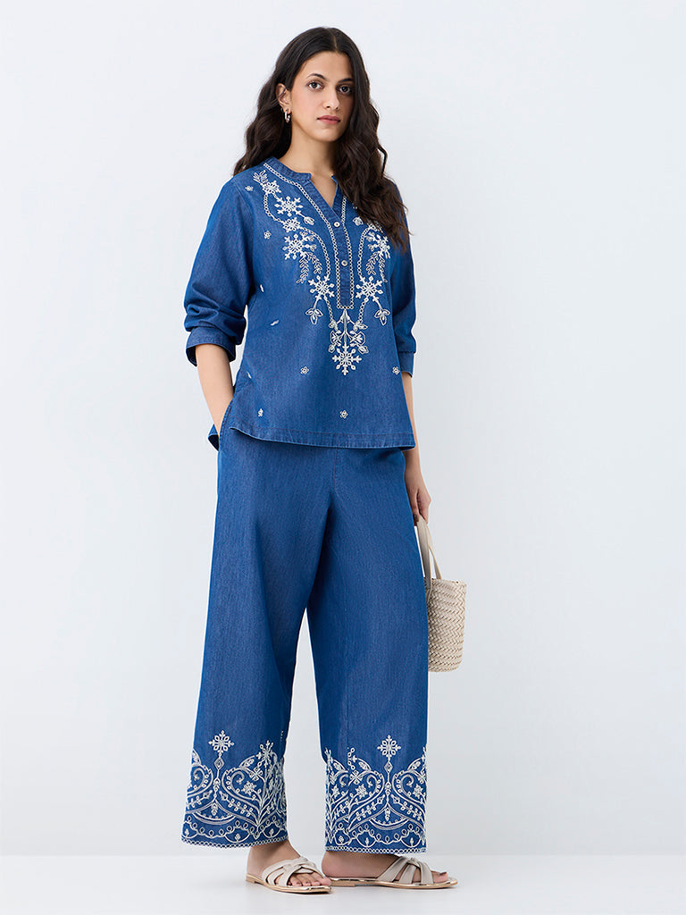 Utsa Blue Floral Embroidered Denim Top