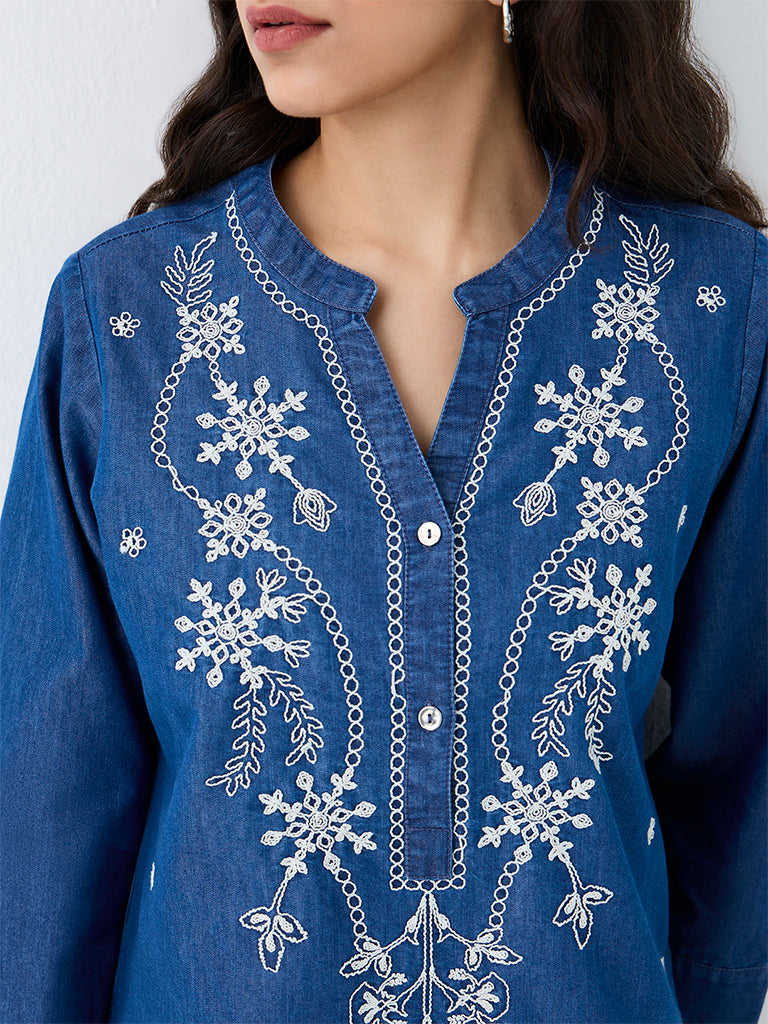 Utsa Blue Floral Embroidered Denim Top