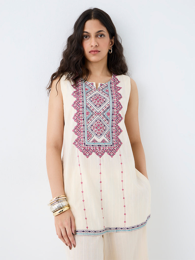 Utsa Off-White Embroidered Cotton Kurti