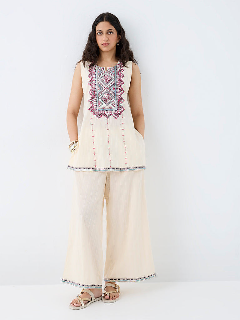 Utsa Off-White Embroidered Cotton Kurti