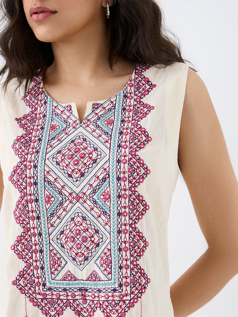 Utsa Off-White Embroidered Cotton Kurti