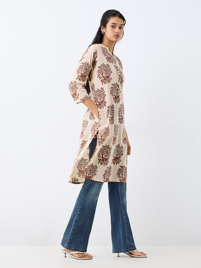 Utsa Beige Deer Printed Cotton Straight Kurta