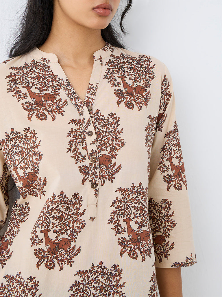 Utsa Beige Deer Printed Cotton Straight Kurta
