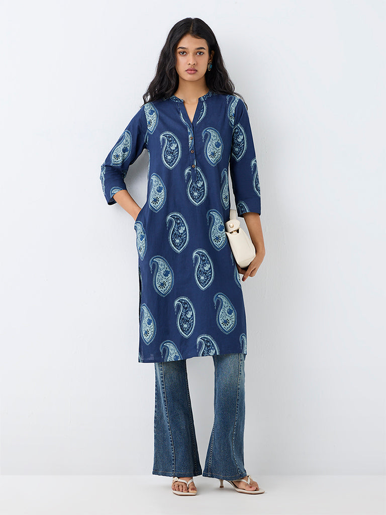 Utsa Indigo Paisley Pattern Cotton Straight Kurta