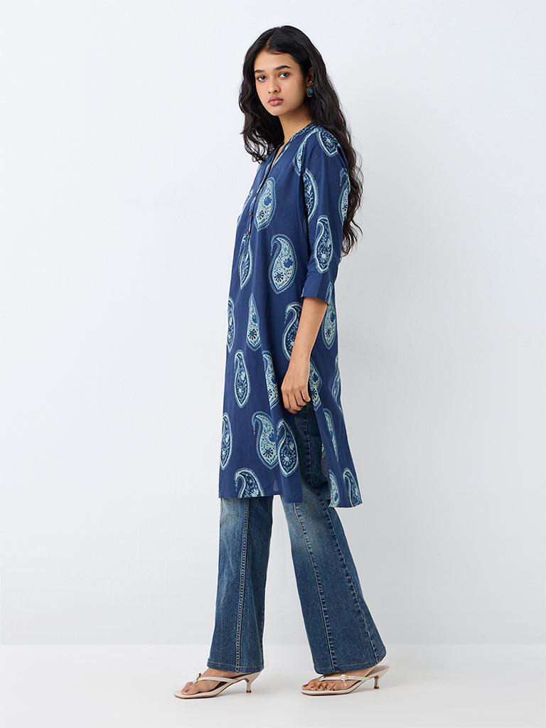 Utsa Indigo Paisley Pattern Cotton Straight Kurta