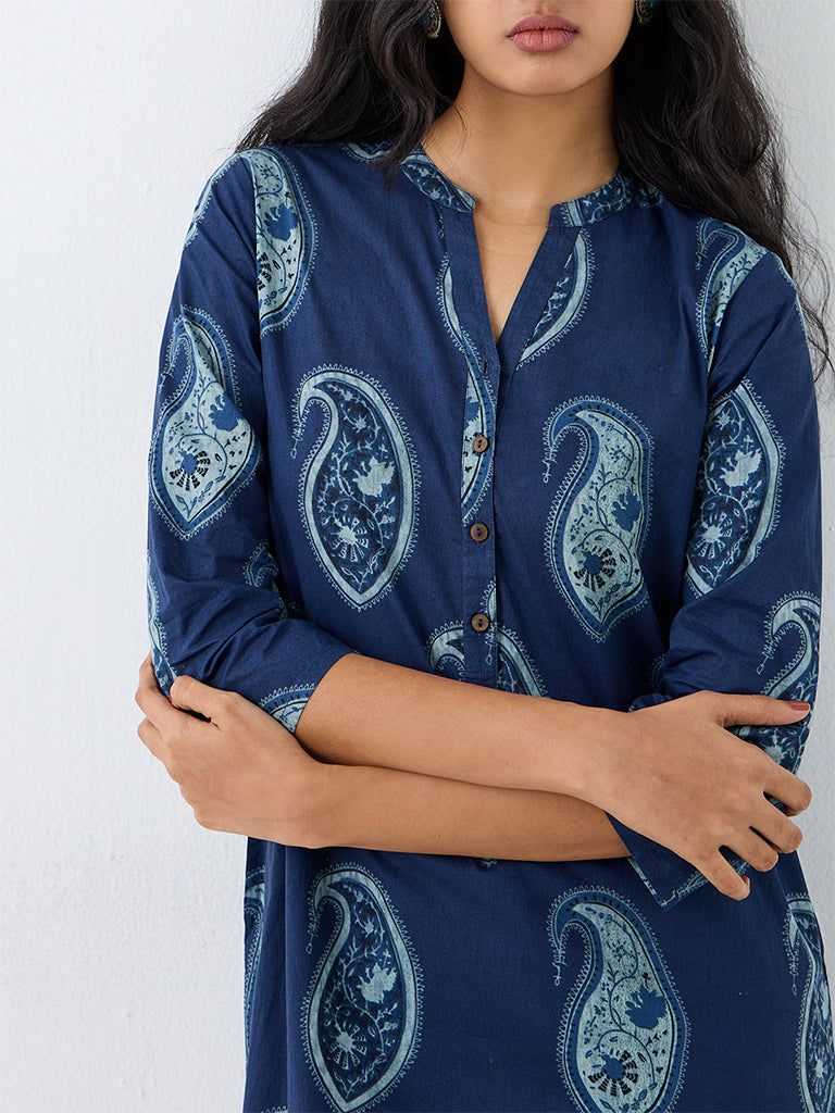 Utsa Indigo Paisley Pattern Cotton Straight Kurta