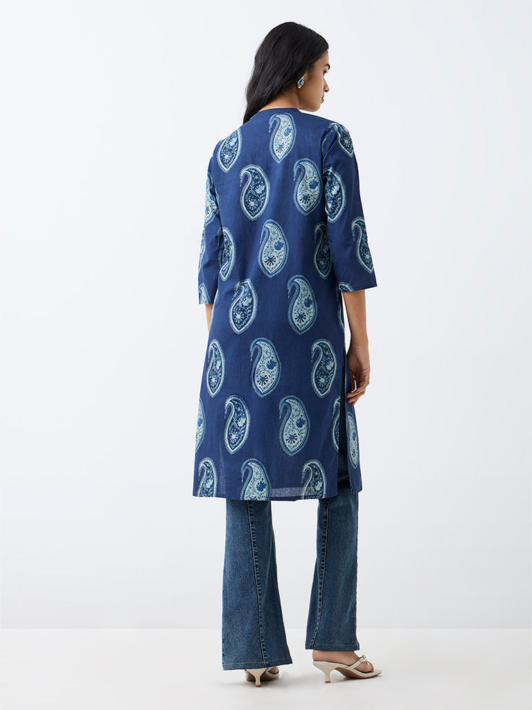 Utsa Indigo Paisley Pattern Cotton Straight Kurta