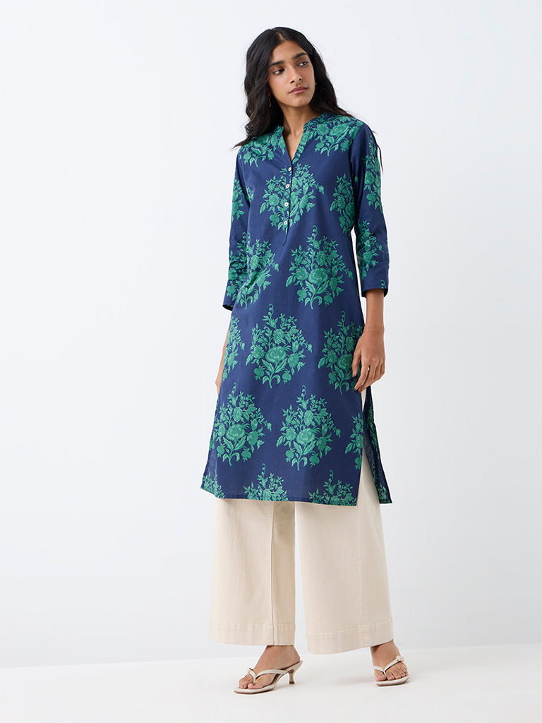 Utsa Indigo Floral Printed Cotton Straight Kurta