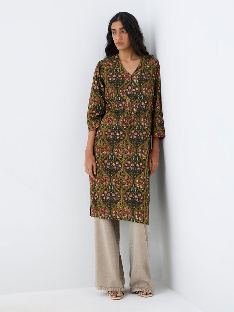 Utsa Dark Olive Floral Printed Cotton Straight Kurta