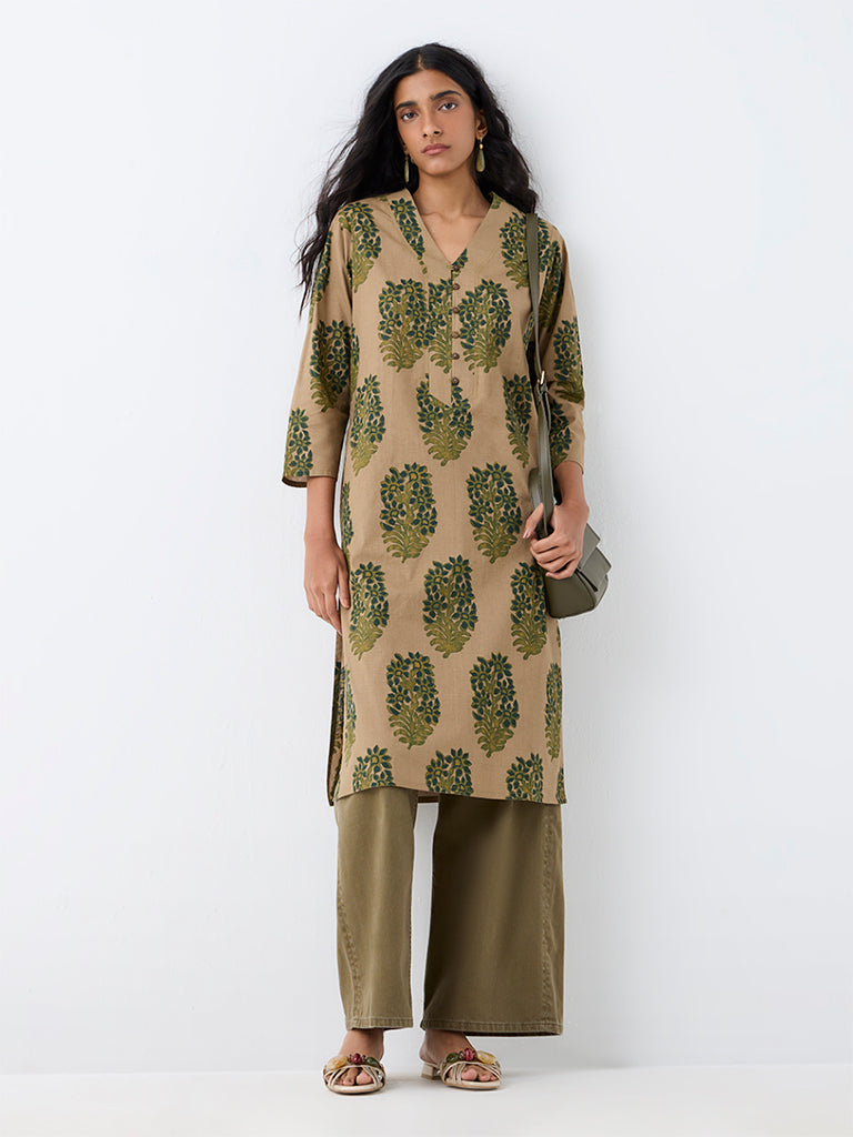 Utsa Taupe Floral Printed Cotton Straight Kurta