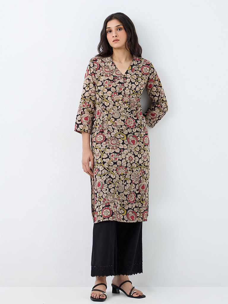 Utsa Beige Botanical Design Cotton Straight Kurta