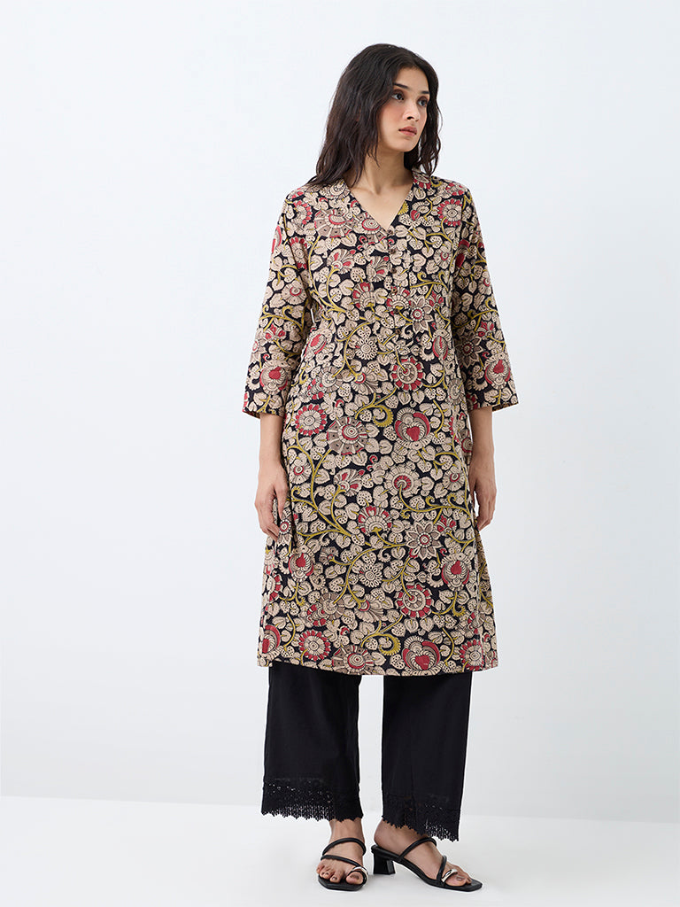 Utsa Beige Botanical Design Cotton Straight Kurta