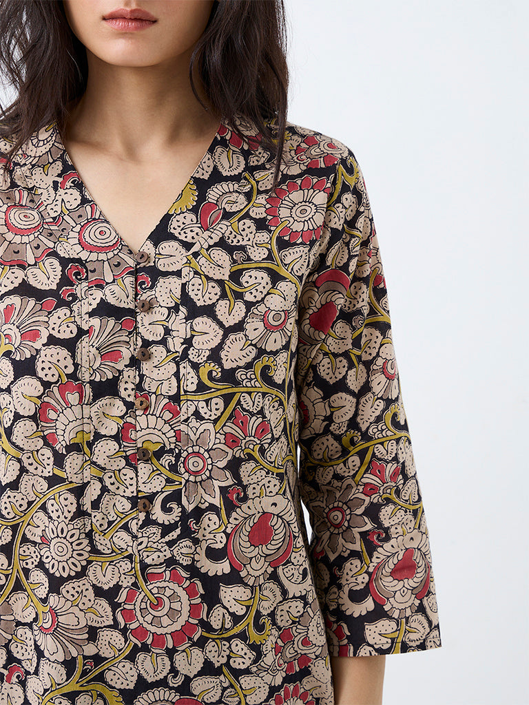 Utsa Beige Botanical Design Cotton Straight Kurta