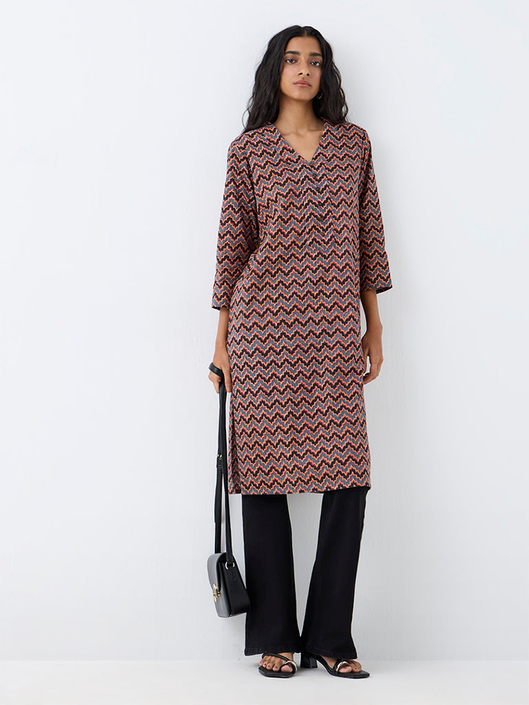 Utsa Multicolour Chevron Printed Cotton Straight Kurta