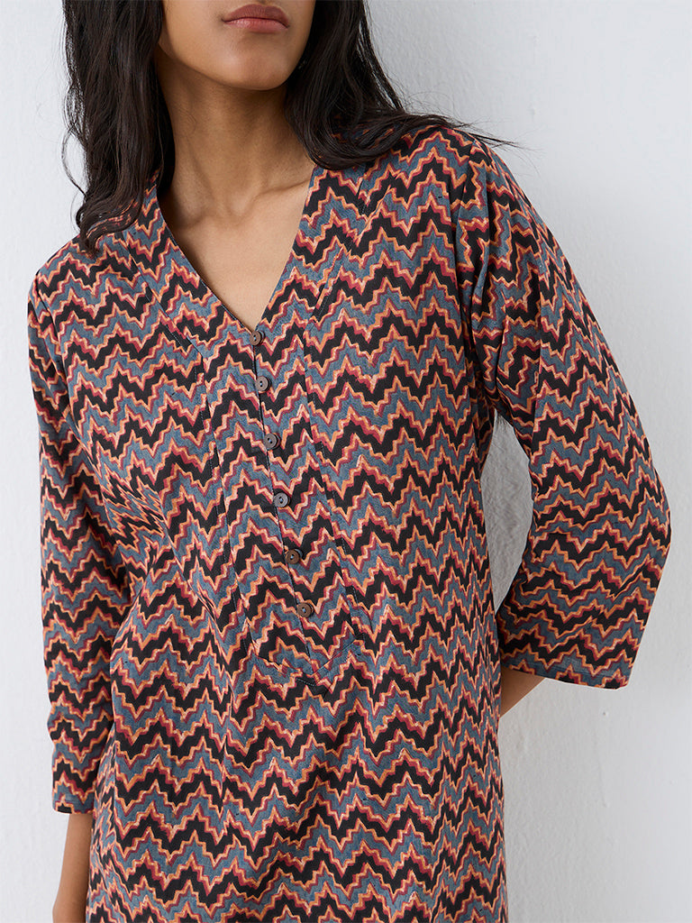 Utsa Multicolour Chevron Printed Cotton Straight Kurta