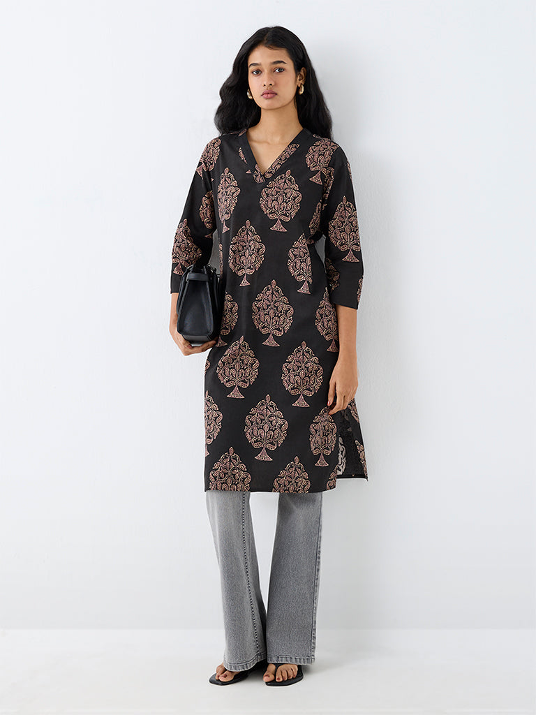 Utsa Black Foliage Design Cotton Straight Kurta