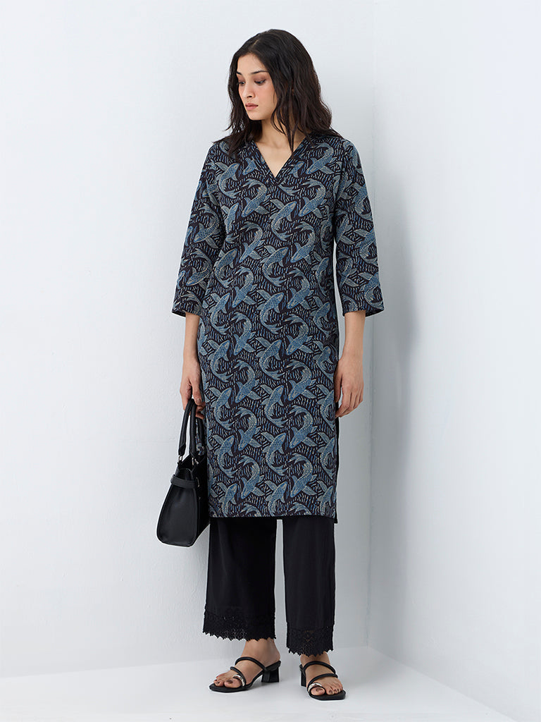 Utsa Navy Fish Design Cotton Straight Kurta