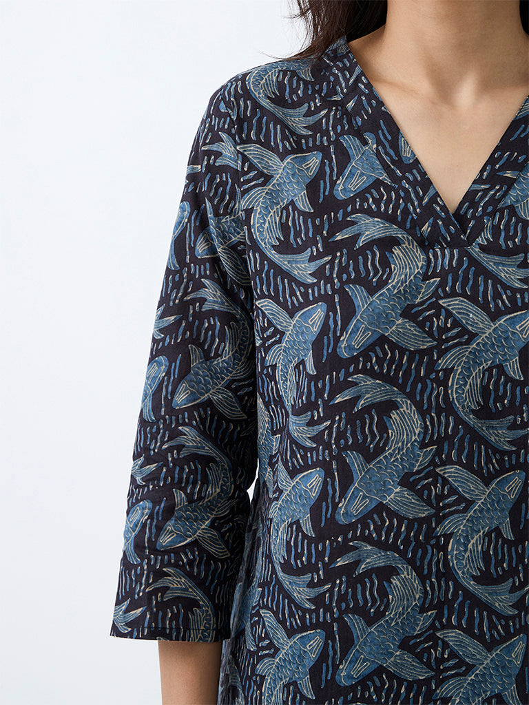 Utsa Navy Fish Design Cotton Straight Kurta
