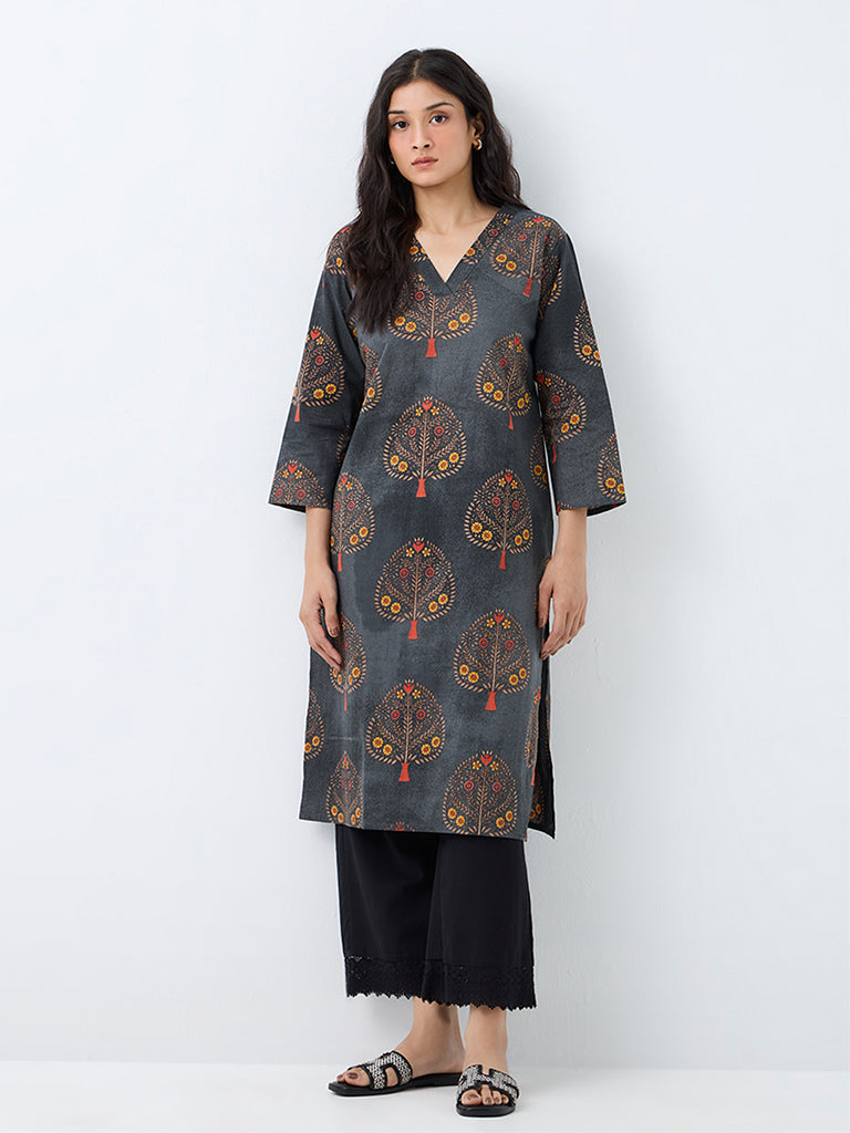 Utsa Dark Grey Floral Printed Cotton Straight Kurta