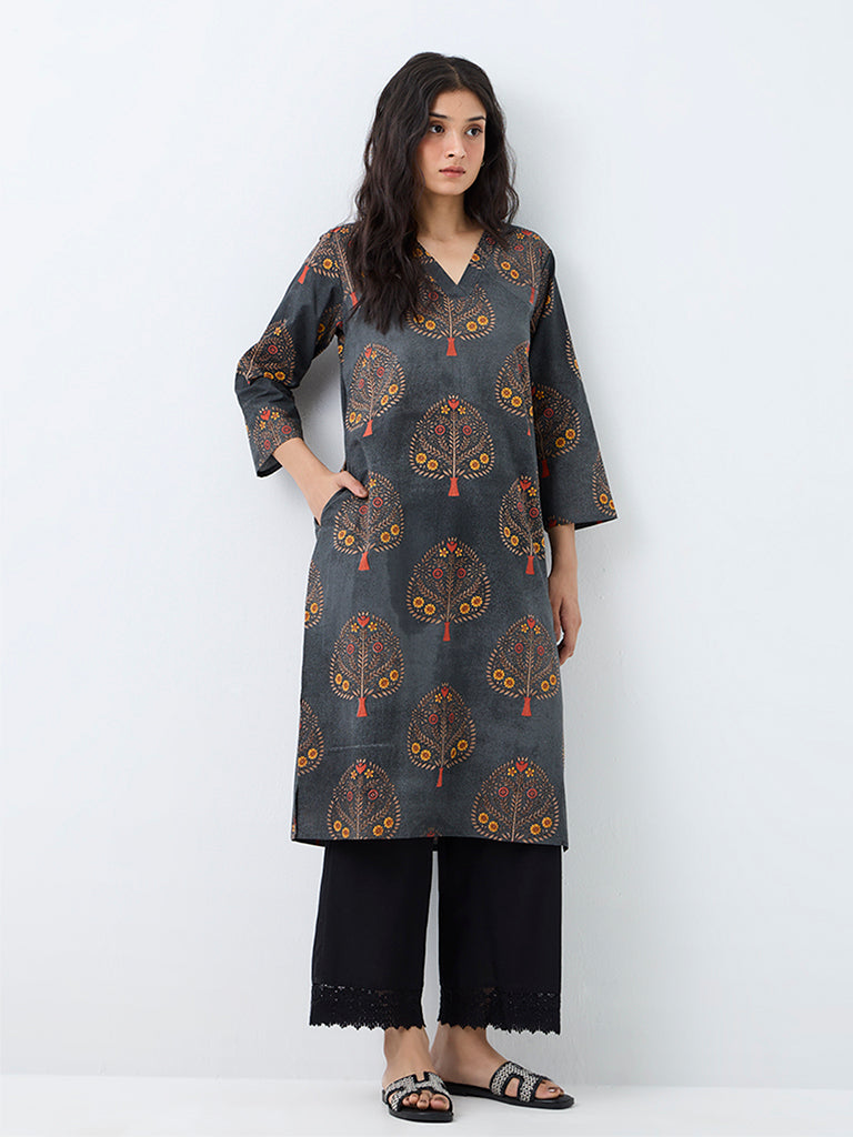 Utsa Dark Grey Floral Printed Cotton Straight Kurta