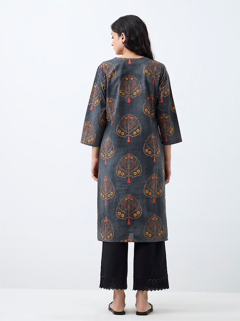 Utsa Dark Grey Floral Printed Cotton Straight Kurta