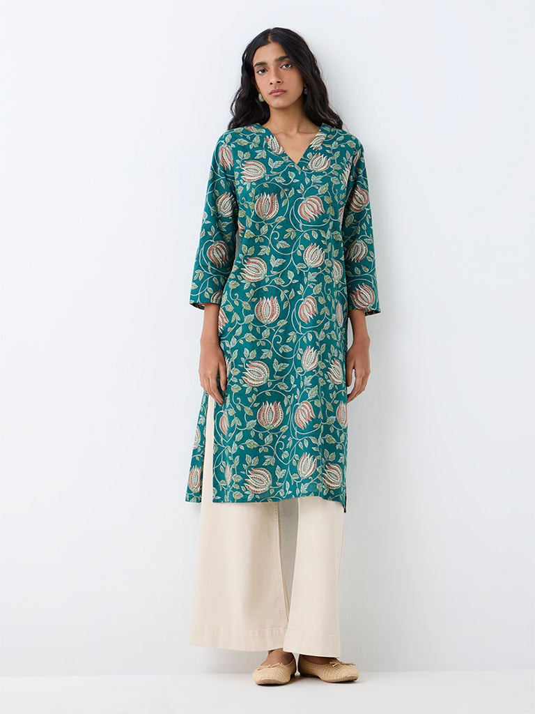 Utsa Teal Floral Printed Cotton Straight Kurta