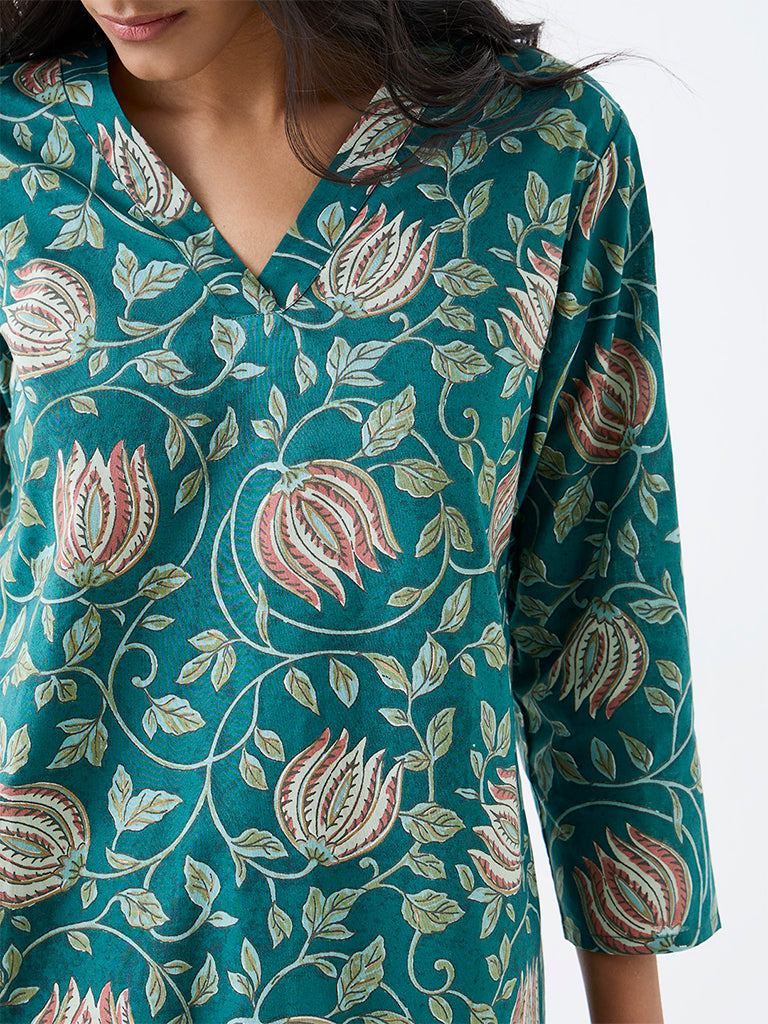 Utsa Teal Floral Printed Cotton Straight Kurta
