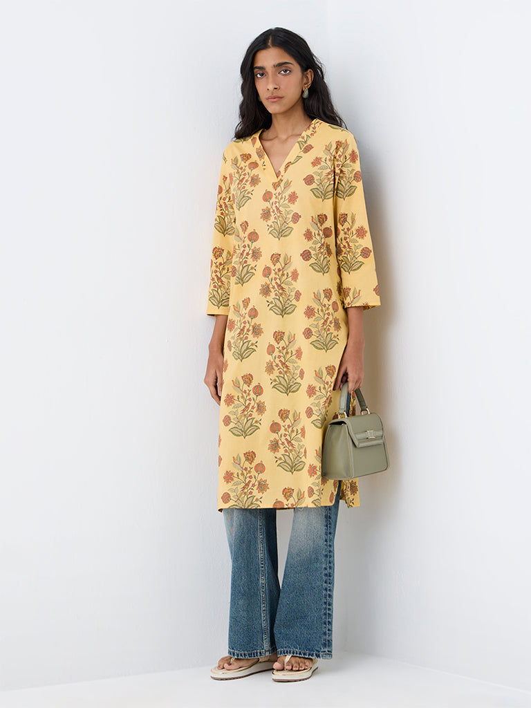 Utsa Yellow Floral Printed Cotton Straight Kurta