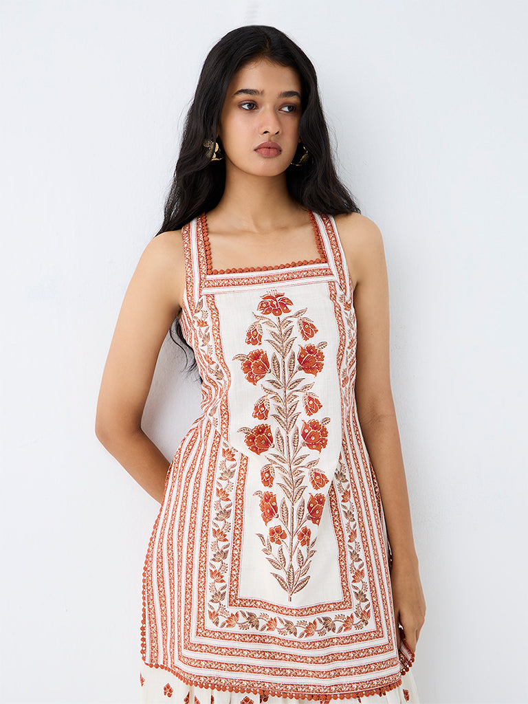 Utsa Off-White Foliage Printed Cotton Straight Kurti