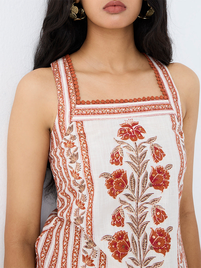 Utsa Off-White Foliage Printed Cotton Straight Kurti