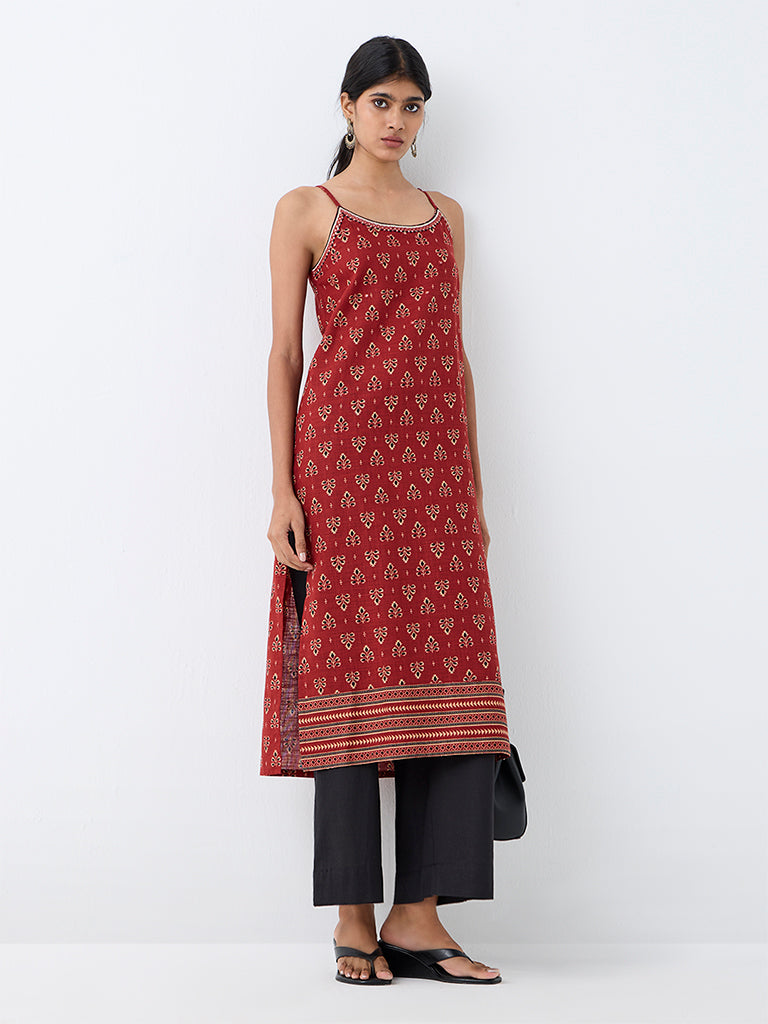Utsa Red Foliage Printed Cotton A-Line Kurta