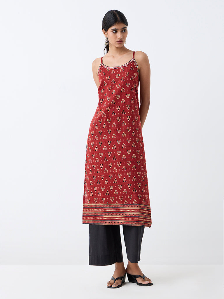 Utsa Red Foliage Printed Cotton A-Line Kurta