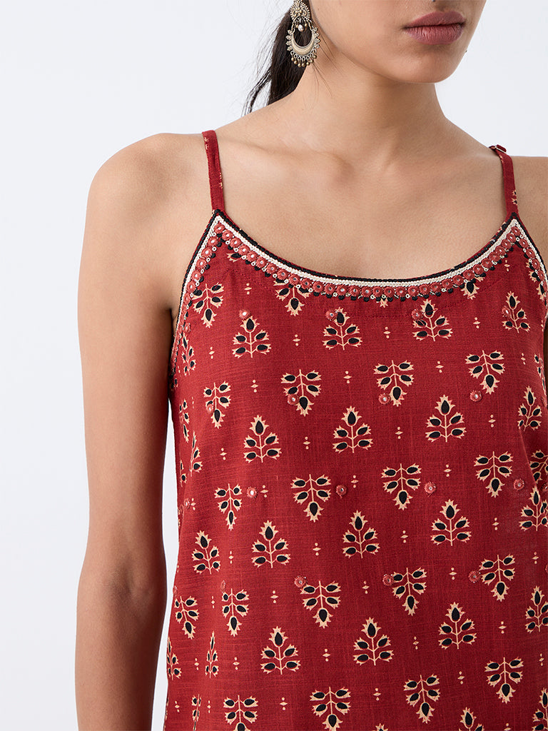 Utsa Red Foliage Printed Cotton A-Line Kurta