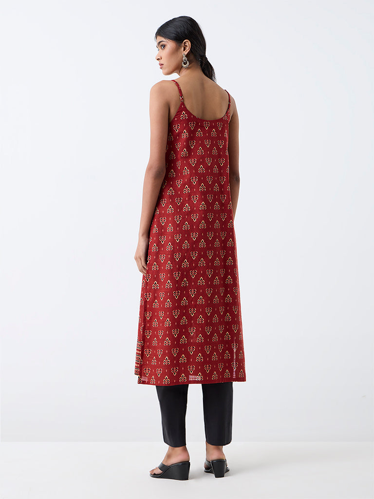 Utsa Red Foliage Printed Cotton A-Line Kurta