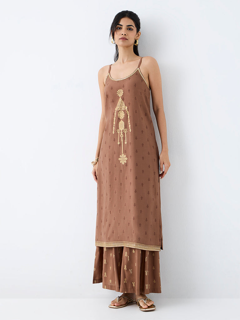 Utsa Light Brown Printed A-Line Kurta