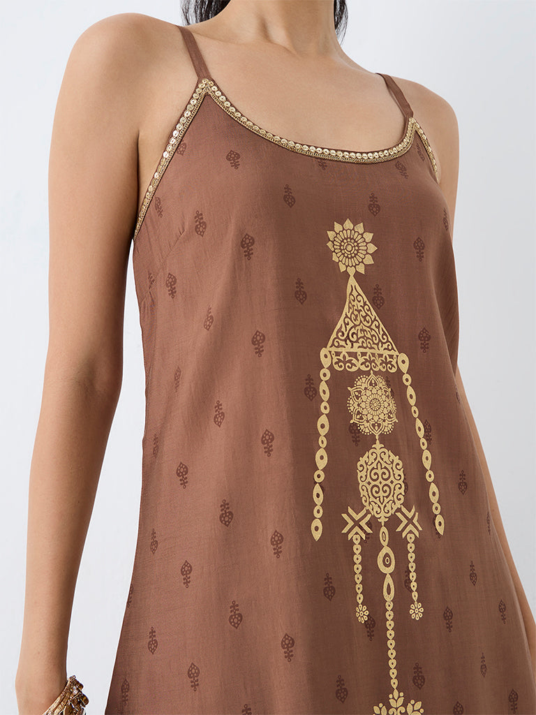 Utsa Light Brown Printed A-Line Kurta