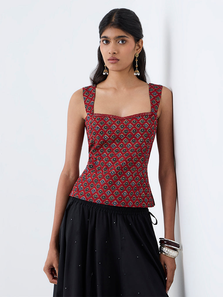 Utsa Red Floral Printed Cotton Top