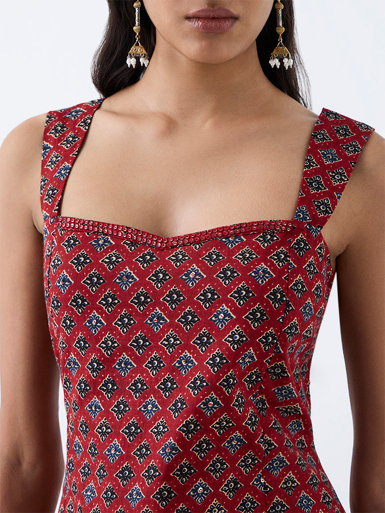 Utsa Red Floral Printed Cotton Top