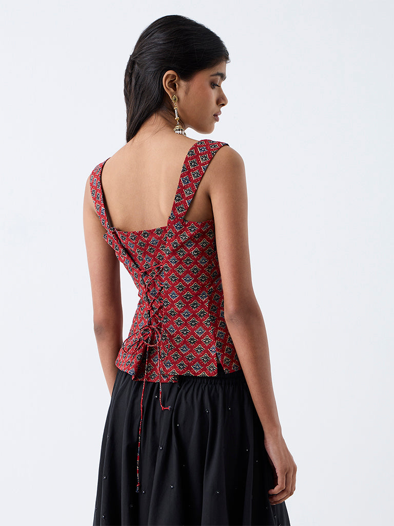 Utsa Red Floral Printed Cotton Top