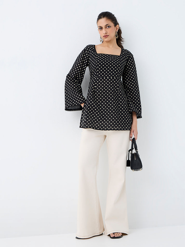 Utsa Black Polka Dot Printed Cotton Tunic